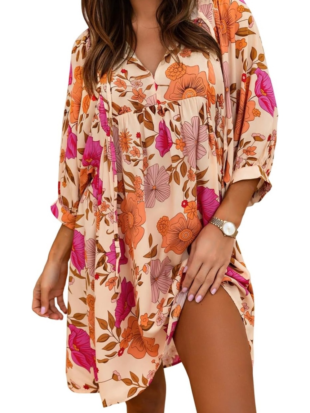 miduo Women’s Summer V Neck Half Sleeve Floral Mini Tunic Dress